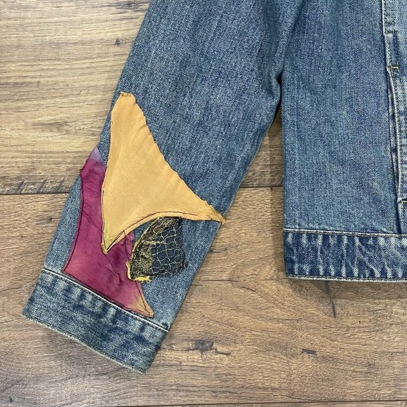 Old Navy Blue Jeans Jacket Women Medium Denim Upcycled Patchwork 80s 90s Vintage - Picture 9 of 14